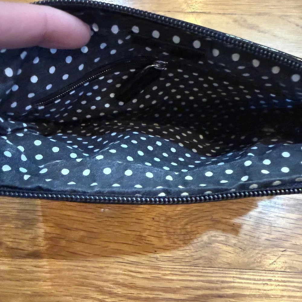 Lulu Guinness Black Patent Heart Quilted Wristlet Clutch Lip Turn Lock Polka Dot